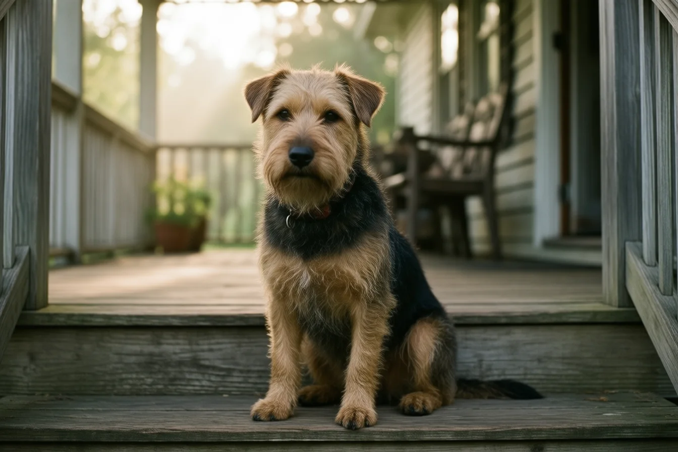 A wire-haired terrier sitting on farmhouse porch steps in morning light